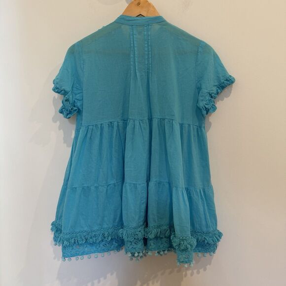 Antica Sartoria By Giacomo Cinque Blouse Size 12 Blue Lace Pom Poms Ruffle Swing - Picture 6 of 14